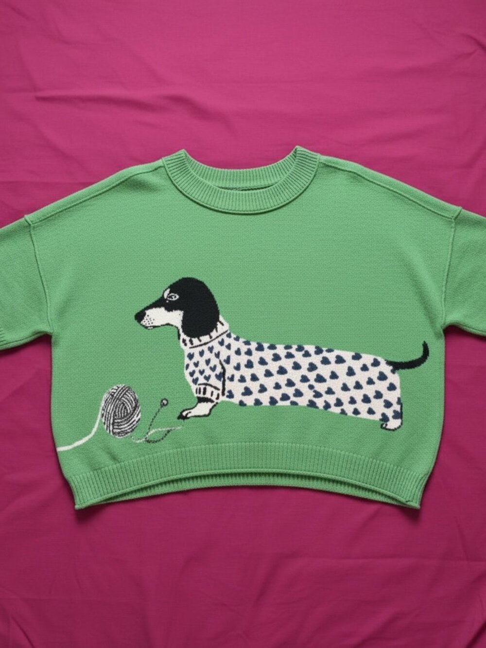 Anthropologie Goldie Cashmere Dachshund Sweater XL Green Intarsia Knit - Picture 5 of 8